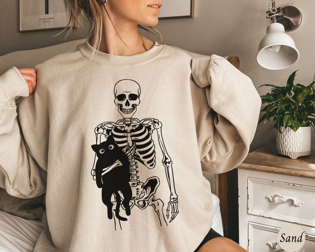 Skeleton and Cat Sweatshirt, Black Cat Halloween Shirt, Spooky Cat Mom ...