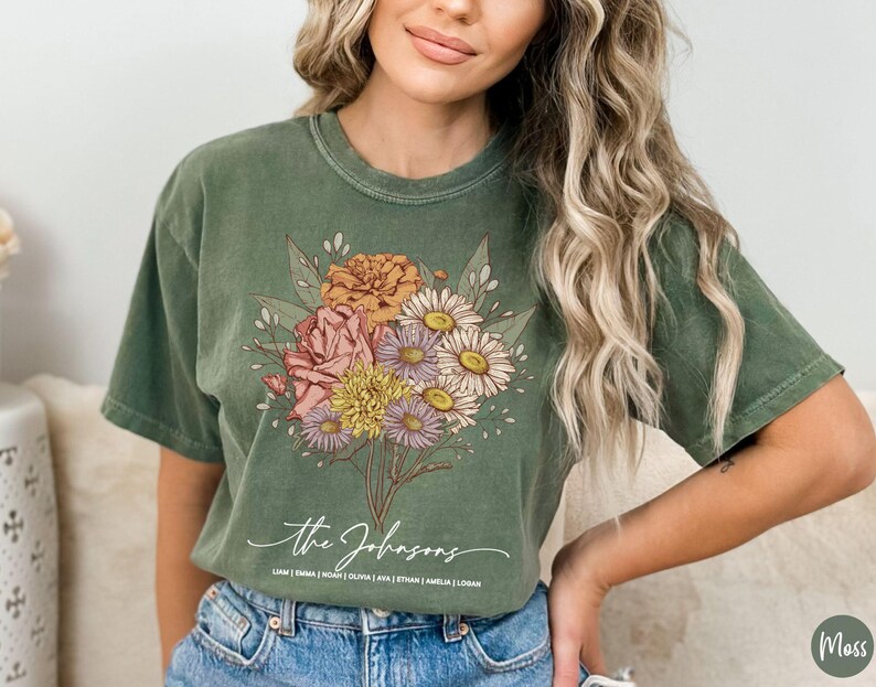 Birth Month Birth Flower Shirt with Names, Custom Mothers Day Gift for Mom, Personalized Grandma Shirt with Grandkids Names, Plant Mama Tee