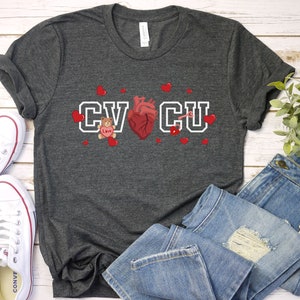 CVICU Valentine Shirt, Cute Cardiovascular Intensive Care Unit Nurse TShirt, Valentine's Day Gift for Cardiac Nurse, RN Tee, ICU Crew Shirts Heather Dark Grey