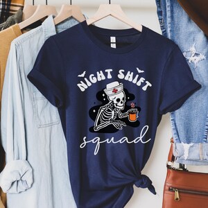 Nurse Halloween Shirt, Funny Night Shift Nurse Squad Shirt, RN Skeleton T-Shirt, ER ICU Nurse Group Tee, rt rn Emergency Department TShirts Navy