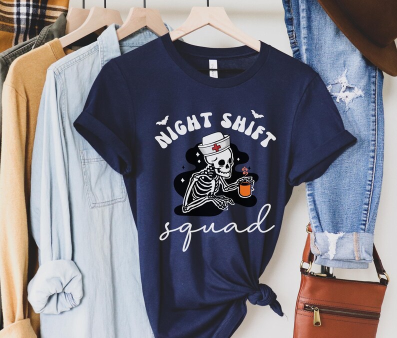 Nurse Halloween Shirt, Funny Night Shift Nurse Squad Shirt, RN Skeleton T-Shirt, ER ICU Nurse Group Tee, rt rn Emergency Department TShirts Navy