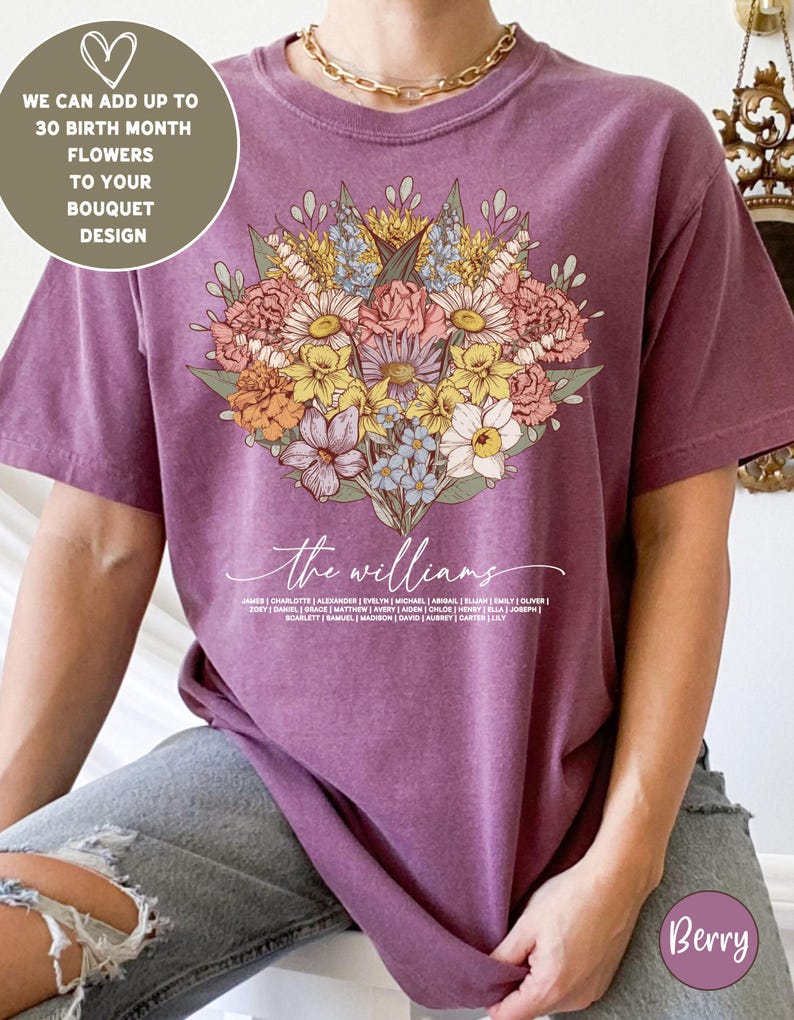 Birth Month Birth Flower Shirt with Names, Custom Mothers Day Gift for Mom, Personalized Grandma Shirt with Grandkids Names, Plant Mama Tee Berry