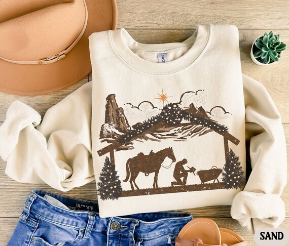 Praying Cowboy Christmas Sweatshirt, Religious Western Christmas Shirt, Country Christmas Sweater, Vintage Nativity Hoodie, Christian Gift