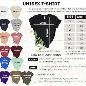 May include: Unisex t-shirt size chart with measurements in inches. The chart shows the width and length of the shirt in different sizes, from XS to 3XL. The chart also includes information about how to choose the right size for your body type.