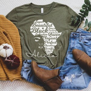 Custom Black History Month Shirt for Women, Afro Woman TShirt, Personalized Black Mom Gifts, Black Queen Shirt, Black Owned Shops Clothing Heather Olive