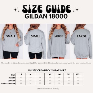 K&ouml;nnte beinhalten: Gr&ouml;&szlig;entabelle f&uuml;r ein Unisex-Sweatshirt mit Rundhalsausschnitt, mit Ma&szlig;en in Zoll f&uuml;r Breite, L&auml;nge und &Auml;rmell&auml;nge. Die Gr&ouml;&szlig;en reichen von S bis 4XL.