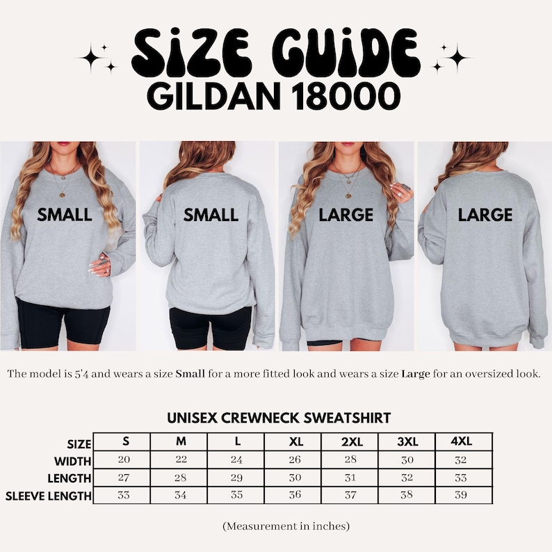 K&ouml;nnte beinhalten: Gr&ouml;&szlig;entabelle f&uuml;r ein Unisex-Sweatshirt mit Rundhalsausschnitt, mit Ma&szlig;en in Zoll f&uuml;r Breite, L&auml;nge und &Auml;rmell&auml;nge. Die Gr&ouml;&szlig;en reichen von S bis 4XL.