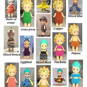 Handmade crochet clothes/outfits (overalls, shorts, pants, dresses, skirts) pouch and accessories for Sonny Angels doll (doll not included).