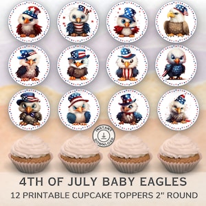 Printable 4th of July Baby Eagles Cupcake Toppers. Set of 12 fun designs. Perfect for patriotic celebrations.  Instant Download.
