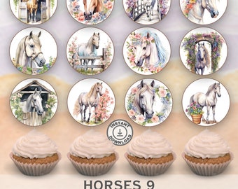 May include: Twelve 2-inch round printable cupcake toppers featuring watercolor illustrations of horses in various poses and settings. The toppers include horses in stables, fields, and with floral wreaths. The text "Horses 9" is printed below the cupcakes.