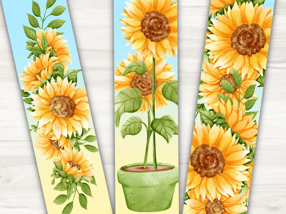 Printable Sunflower Bookmarks Set of 5. Peaceful Sunflower Bookmarks