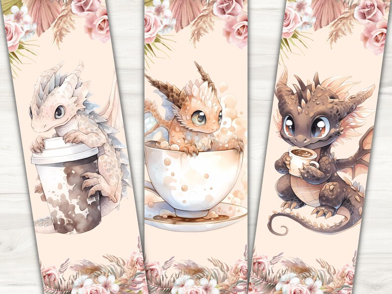 Printable Dragons Drinking Coffee Bookmarks Set of 8. Printable Cute ...
