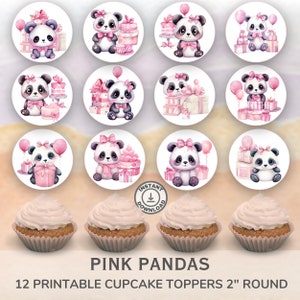 Printable Pink Panda cupcake toppers. Set of 12 fun designs. Perfect for birthday or celebration.  Instant Download.