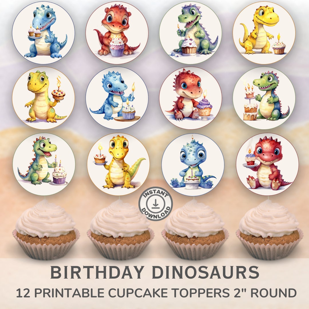 Printable Birthday Dinosaurs Cupcake Toppers. Set of 12 Fun Designs ...