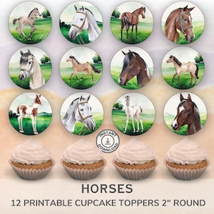 Printable Horses cupcake toppers. Set of 12 fun designs. Perfect for birthday or celebration.  Instant Download.