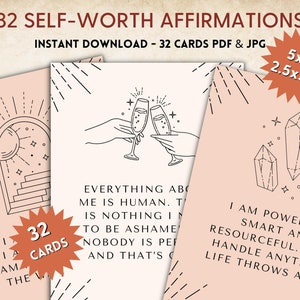 Tarjetas de afirmación de autoestima. Afirmaciones de bienestar, amor propio y confianza en uno mismo en 32 cartas. Descarga instantánea
