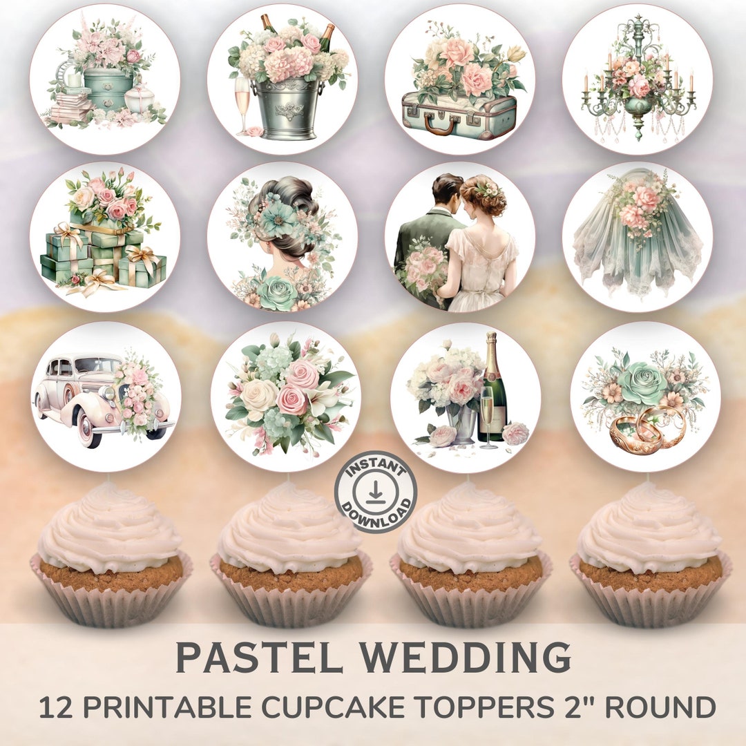 Printable Pastel Wedding Cupcake Toppers. Set of 12 Fun Designs ...