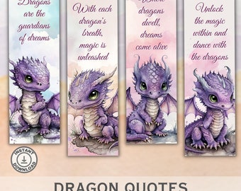 Dragon Quotes Printable bookmarks set of 20. Printable Cute Baby Dragon Bookmarks. Reading Quote. Reader Gift. Instant Download