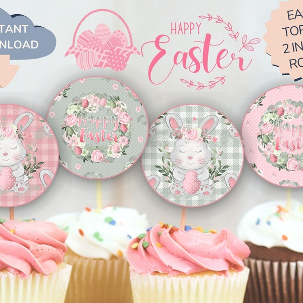 Easter Cupcake Toppers Printable, Easter Party Gift Tags, Bunny Party Decor, Happy Easter. Instant Download