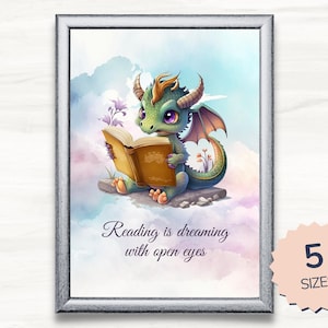 Dragon Reading Art Print. Reader Art Work. Bookworm or Librarian Gift. Reading Cute Baby Dragon. Fantasy Book Lover Print. Instant Download.