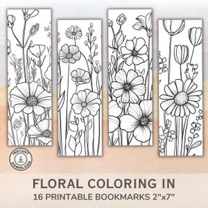 May include: Set of 16 printable bookmarks featuring black and white line drawings of floral designs. Each bookmark is 2 inches by 7 inches.  Floral Coloring In 16 Printable Bookmarks 2"x7"