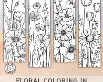 Marcapáginas florales para colorear: 16 diseños imprimibles (descarga digital)