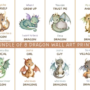 Dragon printable wall art set of 8. Dorm or nursery decor. Mythical creatures. Fairy tale cute baby dragons with quotes. Instant Download.