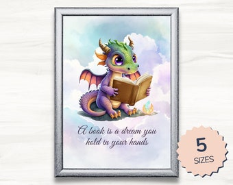 Dragon Reading Art Print, Book Lover Gift (Digital Download)