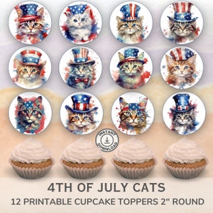 Printable 4th of July Cats Cupcake Toppers. Set of 12 fun designs. Perfect for patriotic celebrations.  Instant Download.