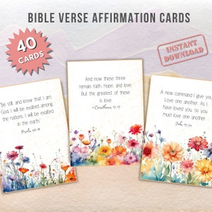 May include: Set of 40 printable affirmation cards featuring bible verses and watercolor floral illustrations. The cards include verses like "Be still and know that I am God" and "Love one another."