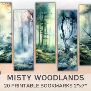 Druckbare Misty Woodlands Lesezeichen. Aquarell neblige Bäume. Lesezeichen Bundle mit 20 Stück für Buchliebhaber. Sofort Download
