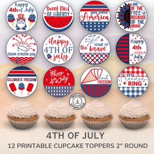 Printable 4th of July Cupcake Toppers. Set of 12 fun designs. Perfect for patriotic celebrations.  Instant Download.