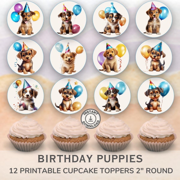 Printable Birthday Puppies cupcake toppers. Set of 12 fun designs. Perfect for birthday or celebration.  Instant Download.
