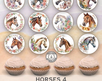 Horses Cupcake Toppers: Floral Horse Party Decorations (Digital Download)