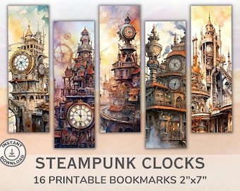 Puede incluir: Conjunto de 16 marcapáginas imprimibles con torres de reloj steampunk con detalles intrincados e ilustraciones de estilo acuarela. Cada marcapáginas mide 5 cm por 18 cm.