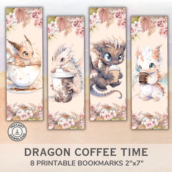 Printable Dragons Drinking Coffee bookmarks set of 8. Printable Cute Baby Dragon Bookmarks. Reader Gift. Instant Download