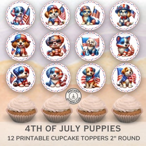 Printable 4th of July Puppies Cupcake Toppers. Set of 12 fun designs. Perfect for patriotic celebrations.  Instant Download.