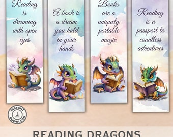 Dragon Printable bookmarks set of 4. Printable Cute Baby Dragon Bookmarks. Reading Quote. Reader Gift. Instant Download
