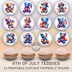 Printable 4th of July Teddies Cupcake Toppers. Set of 12 fun designs. Perfect for patriotic celebrations.  Instant Download.
