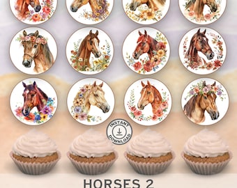 Horses Cupcake Toppers: Floral Birthday Party Decorations (Digital Download)