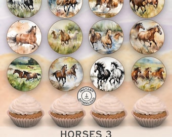 May include: Twelve 2-inch round printable cupcake toppers featuring watercolor illustrations of horses running in various settings. The toppers are perfect for a horse-themed party or event.
