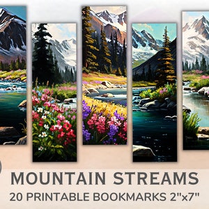 Druckbare Gebirgsbäche Lesezeichen. Aquarell Berge, Bäche und Kiefern. Lesezeichen Bundle mit 20 Stück für Buchliebhaber. Sofort Download