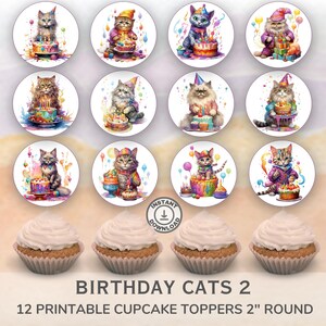 Printable Birthday Cats and Kittens cupcake toppers. Set of 12 fun designs. Perfect for birthday or celebration.  Instant Download.