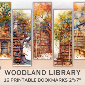 Ausdruckbare Lesezeichen in Form einer Waldbibliothek. Aquarell-Mediatheken in Herbstbäumen. Lesezeichen 16er Set für Buchliebhaber. Sofort Download
