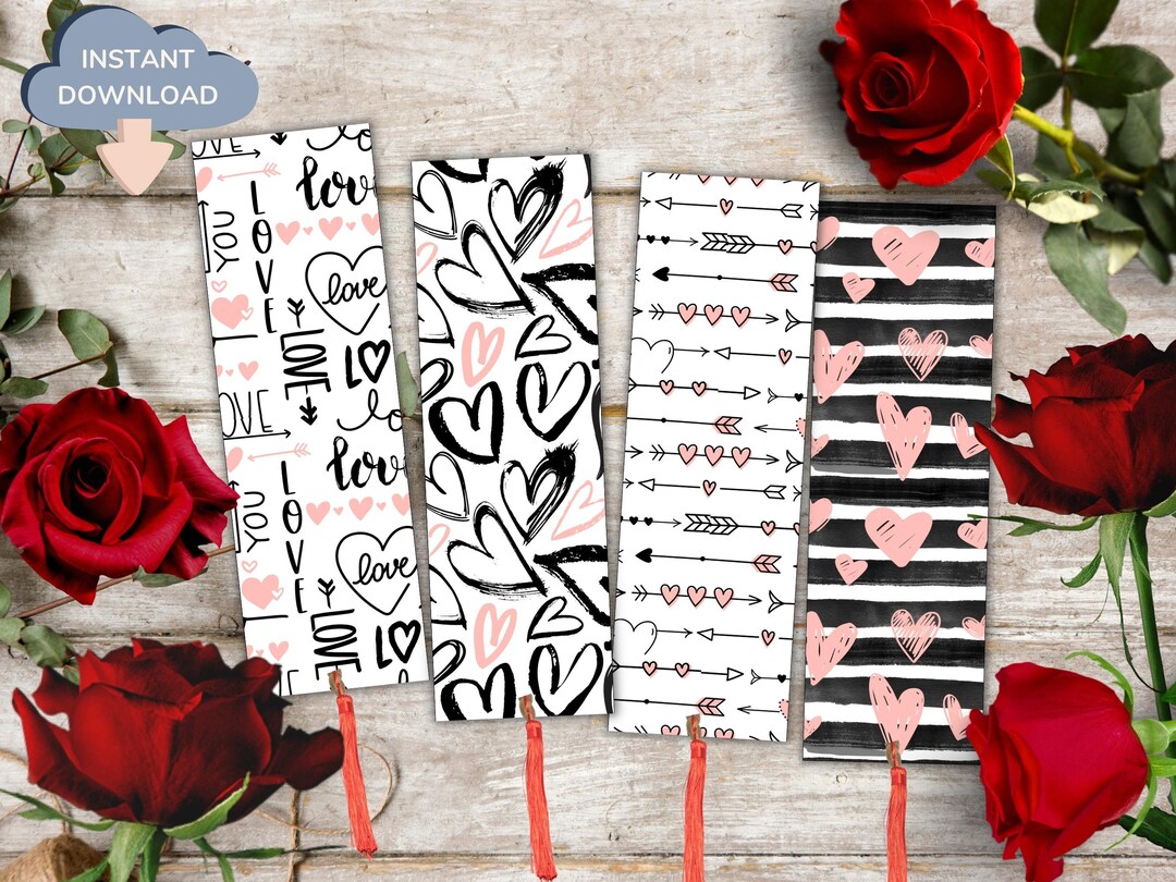 Valentines Printable Bookmarks Set of 4. Printable Heart Bookmarks ...
