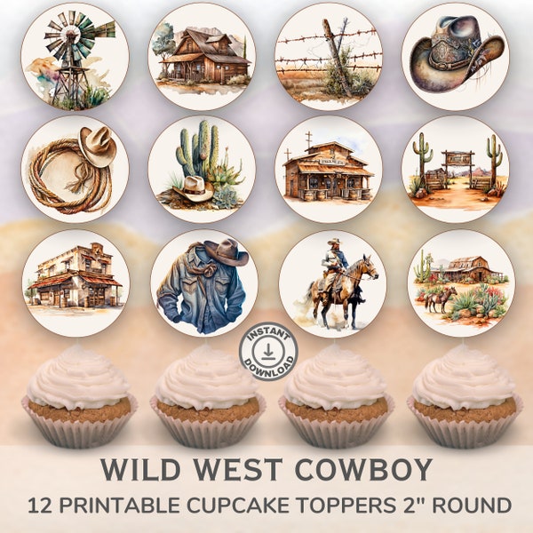 Printable Wild West Cowboy cupcake toppers. Set of 12 fun designs. Perfect for birthday or celebration.  Instant Download.