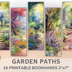 Druckbare Gartenweg Lesezeichen. Aquarell Fußwege, Blumen, Bäume. Lesezeichen Bundle mit 16 Stück für Buchliebhaber. Sofort Download