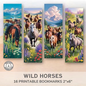 Printable Wild Horses Bookmarks. Horses running free in mountain meadows. Bookmark bundle of 16 for horse lovers. Instant Download