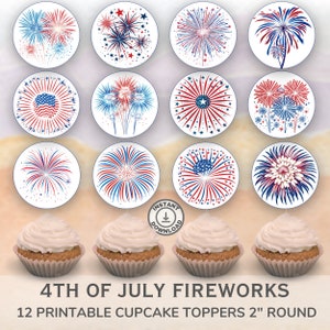 Printable 4th of July Fireworks Cupcake Toppers. Set of 12 fun designs. Perfect for patriotic celebrations.  Instant Download.