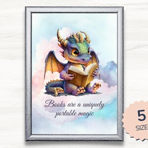 Dragon Reading Art Print. Reader Art Work. Bookworm or Librarian Gift. Reading Cute Baby Dragon. Fantasy Book Lover Print. Instant Download.